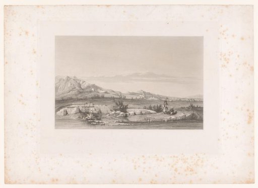 Mountain landscape with a pipe-smoking man at the water in the foreground