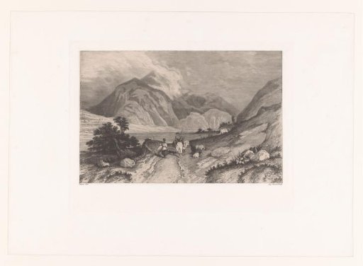 Mountain landscape with a man on horseback and a woman with goats