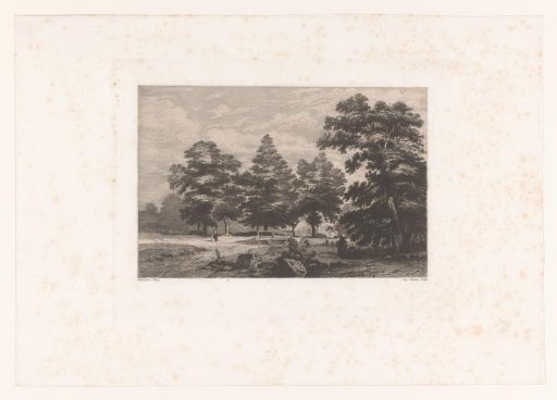 Figures in a park with a wooden bridge