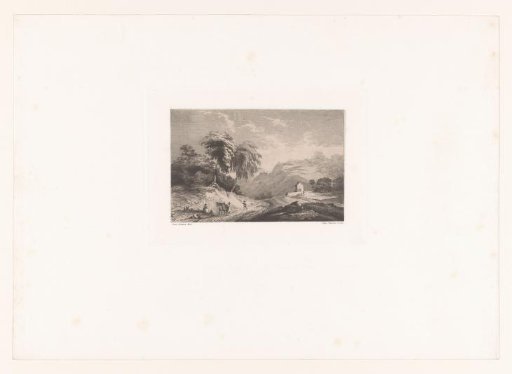Family with a horse resting by a road in a mountain landscape