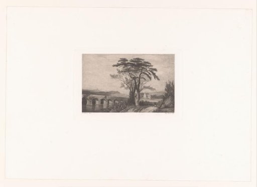 Mountain landscape with a stone bridge