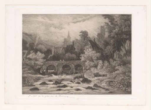 Landscape with a village in a mountain valley along a river with a bridge