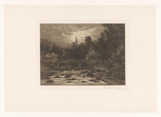 Landscape with a village in a mountain valley along a river with a bridge