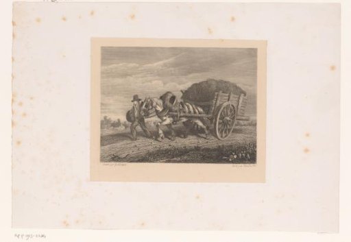 Peasant walking across a field with horse and hay wagon