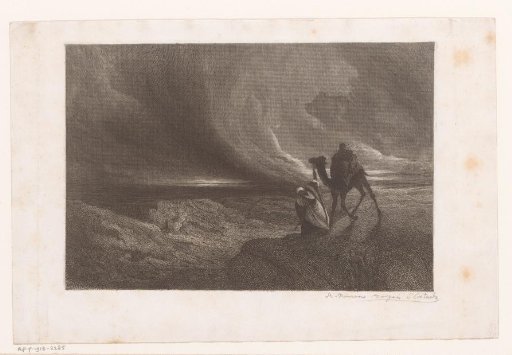 Landscape with figure with dromedary walking through a storm