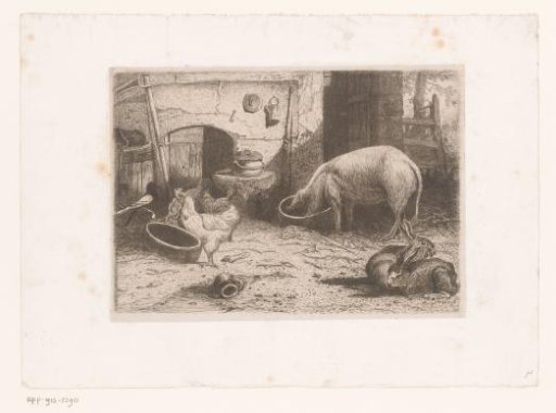Pig, chickens and rabbits near a barn