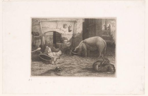 Pig, chickens and rabbits near a barn