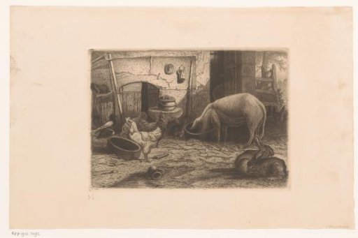 Pig, chickens and rabbits near a barn