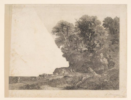 Landscape with animals and figures on a road along a river