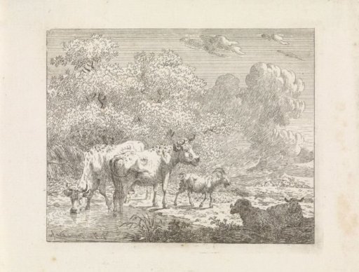 Landscape with sheep, goat and cows