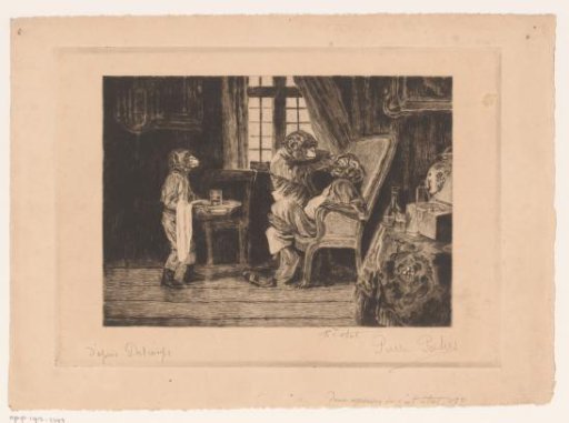 Satirical representation of monkeys as dentist, assistant and patient