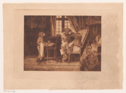 Satirical representation of monkeys as dentist, assistant and patient