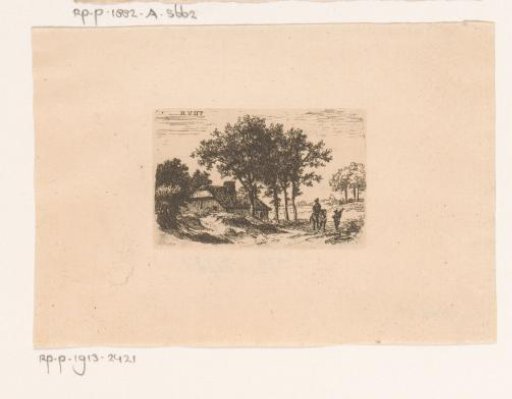 Rider and pedestrian at a farmhouse