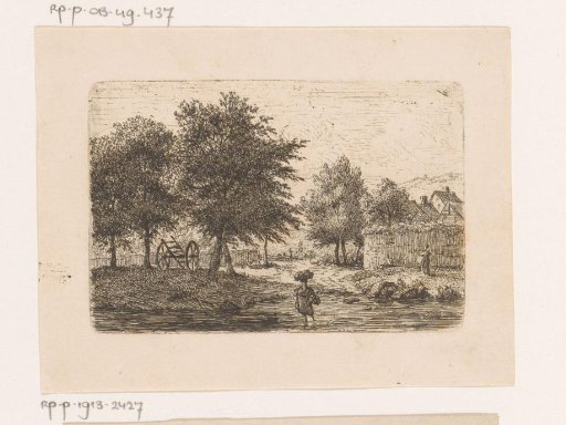 Woman with a basket on her head in a ford