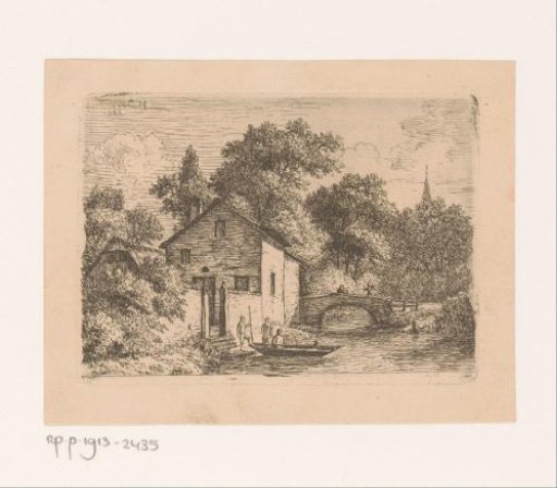 Three figures by a rowboat in front of a building
