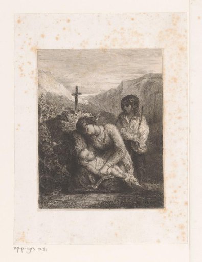 Mother with two children at the foot of a cross