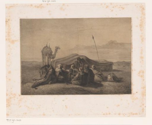 Group of resting travelers in the desert