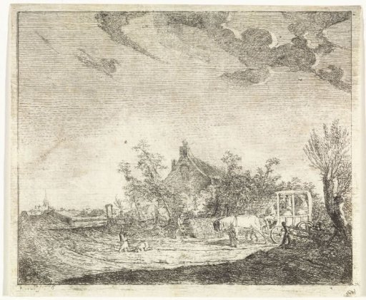 Horse and cart in front of a house