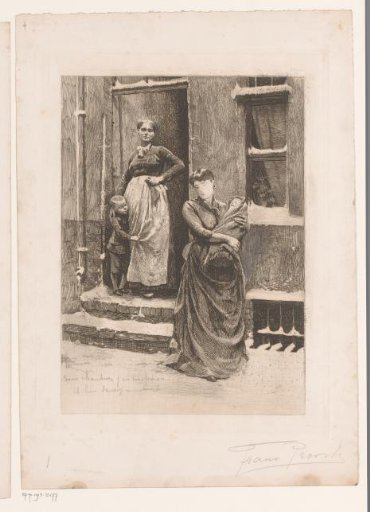 Two women with children at a doorway