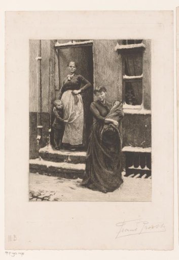 Two women with children at a doorway