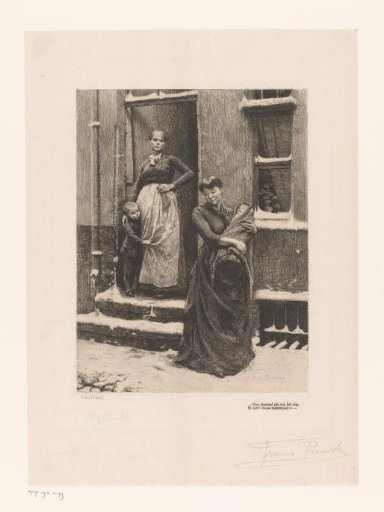 Two women with children at a doorway
