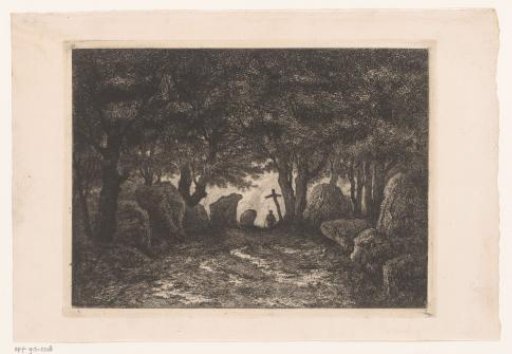 Man by a Wooden Cross at the Edge of a Forest