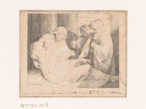 Sick man attended by three figures