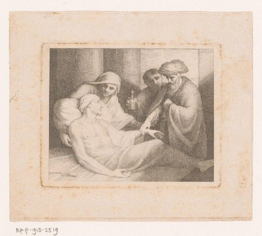 Sick man attended by three figures