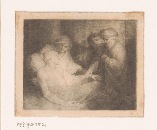Sick man attended by three figures