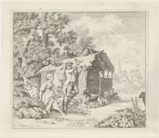 Shepherdess and young man at a barn