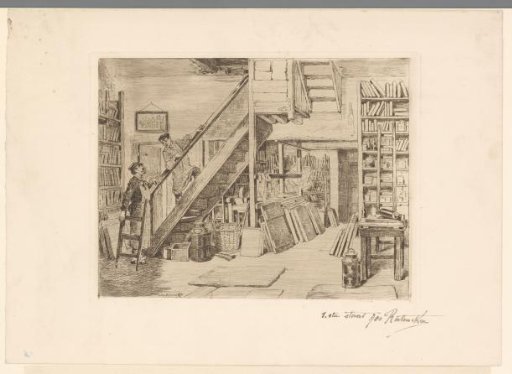 Two men at a staircase in an Antwerp lithographer's workshop