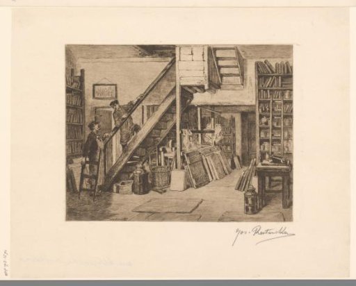 Two men at a staircase in an Antwerp lithographer's workshop