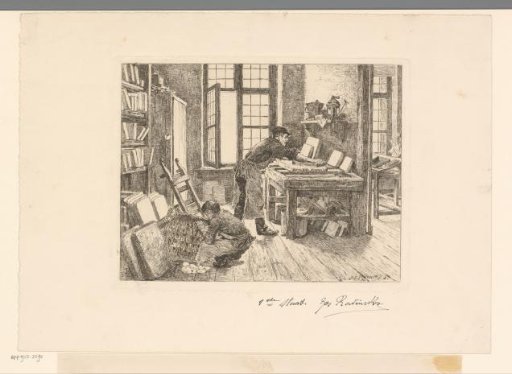 Lithographer at work in his workshop