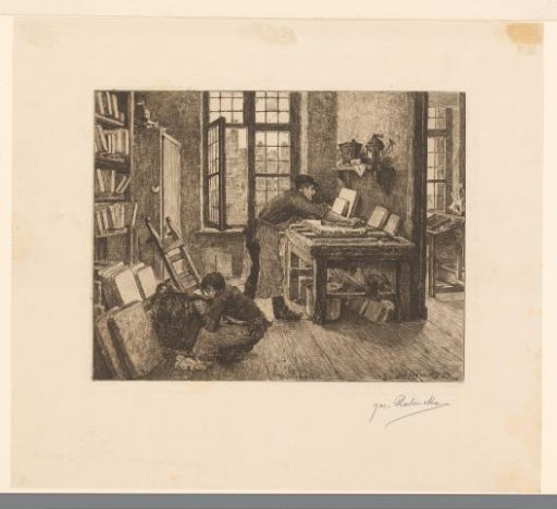 Lithographer at work in his workshop