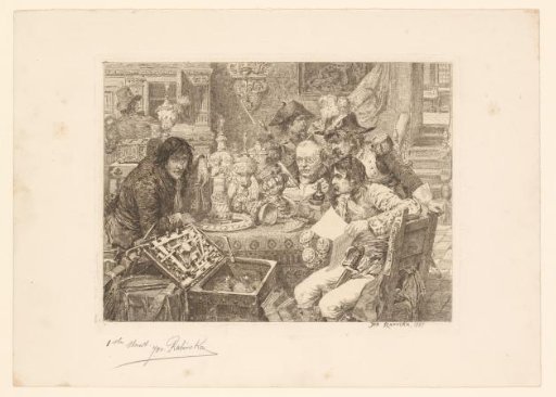 Six men in an interior around a table examine abundant tableware