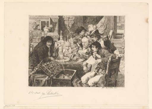 Six men in an interior around a table examine abundant tableware
