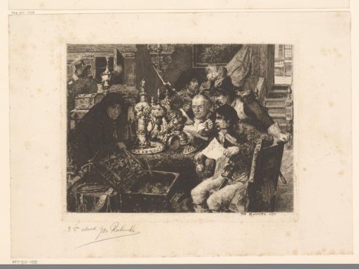 Six men in an interior around a table examine abundant tableware