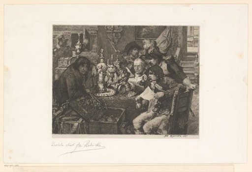Six men in an interior around a table examine abundant tableware
