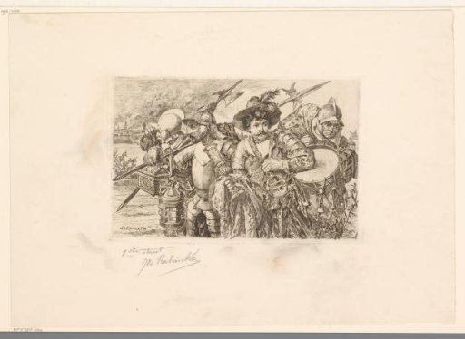 Four men in armour flee with treasures away from a burning city