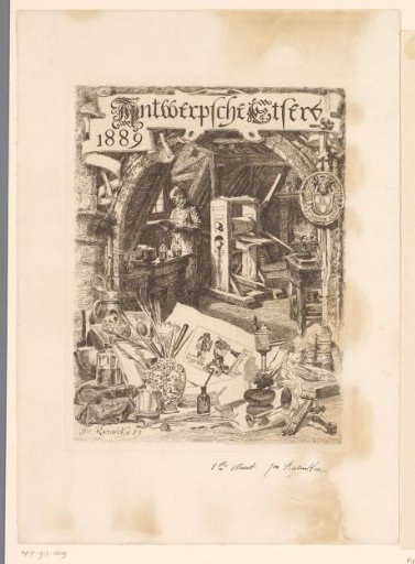 Printmaker in his workshop with various graphic attributes in the foreground