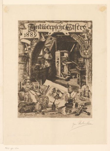 Printmaker in his workshop with various graphic attributes in the foreground