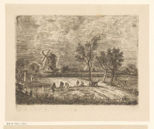 Landscape with a mill and fishermen with a fishing net