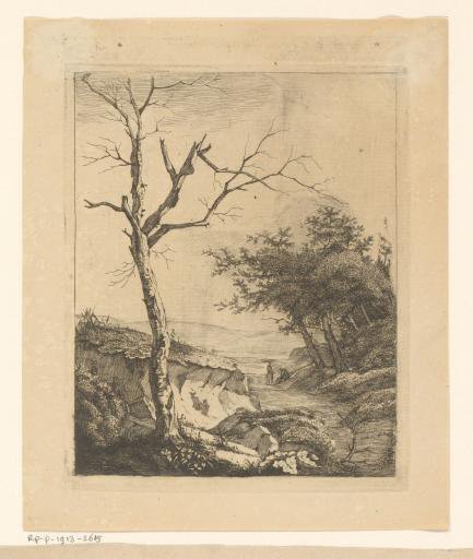Landscape with a leafless tree in the foreground