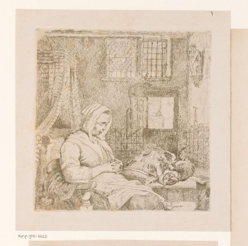 Sleeping lace worker in an interior with a cat on the table