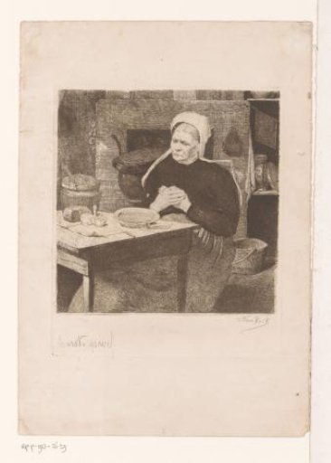 Old woman seated at a set table in a kitchen