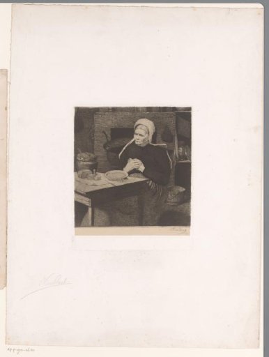 Old woman seated at a set table in a kitchen