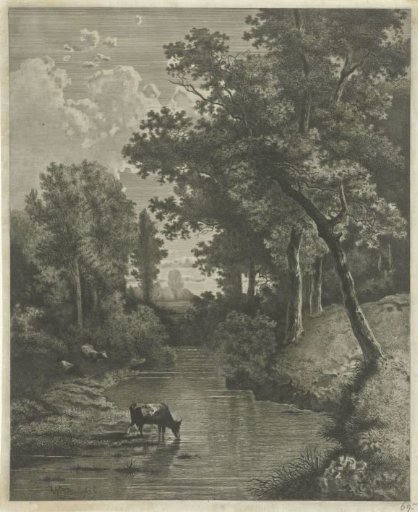 Wooded landscape with cows by a stream
