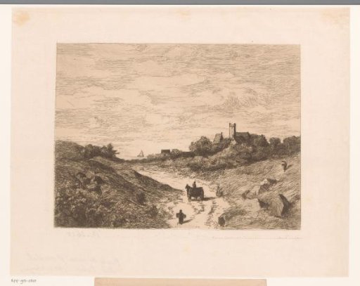 Landscape with a figure and carriage on a road leading to water