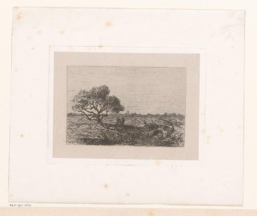 View of the Campine with a tree and two figures at a bridge