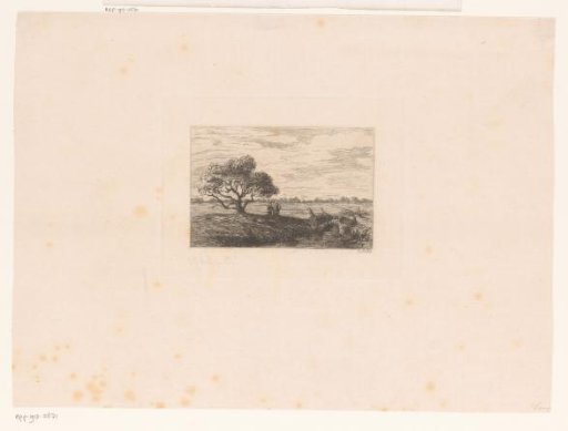 View of the Campine with a tree and two figures at a bridge